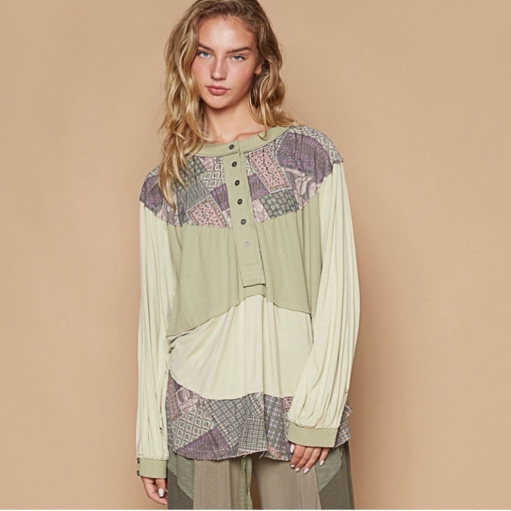 POL Women's Patchwork Button Down Shirt in Green - Picture 3 of 6